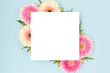 Wall Mural - Blank square paper mockup. Frame made of green leaves and gerbera flowers on a blue background.