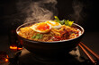© Patchaporn - Korean ramen soup, featuring spicy noodles and traditional chopsticks. Perfect for lovers of Asian cuisine