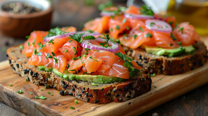Wall Mural - avocado toast with raw smoked salmon on the top and some red onion circle