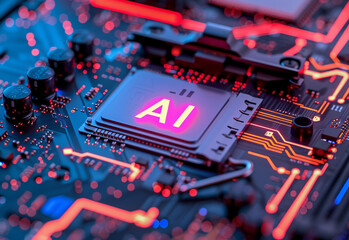 Motherboard or circuit board with processor, text written AI, concept of future technology and artificial intelligence