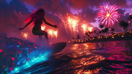 Wall Mural - A woman is surfing on a wave in the ocean with fireworks in the background