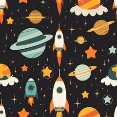 Wall Mural - Colorful Space Exploration Wallpaper with Rockets and Planets