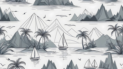 Wall Mural - One line drawing tropical oasis island seamless pattern. Abstract landscape background with mountains, sea, coconut palm tree, yacht, birds continuous art. Generative AI