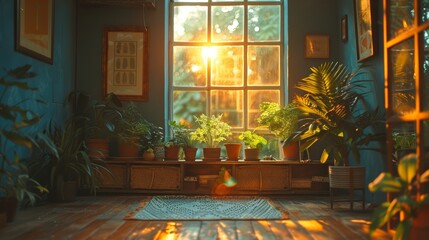 Sticker - The dawn sunlight shines through the window into the small house with flower pots and ornamental plants, very fresh and bright, the concept of harmony with nature, fresh air.