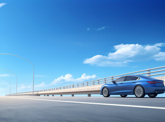 Retro car on the road with blue sky background.