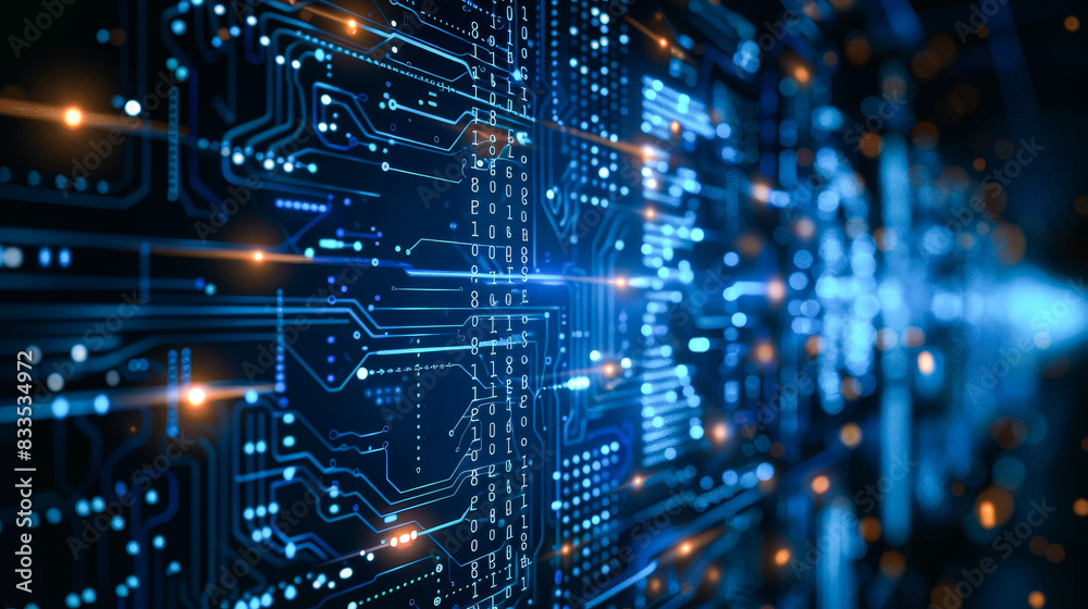 Abstract background with digital dashboard and glowing neon indicator lights. Futuristic data processing cyber interface, high-tech Sci-Fi digital control panel
