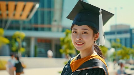 Canvas Print - A woman dressed in a graduation cap and gown, celebrating her university achievement.