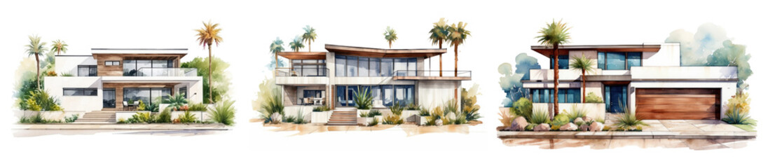 Watercolor illustration of a modern house set