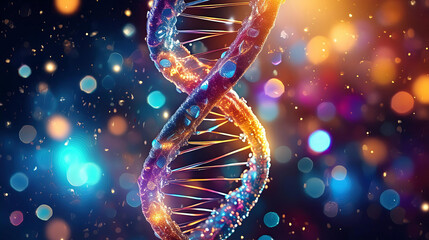 Poster - Abstract DNA structure made of colorful bubbles and particles on soft pastel background. Composition with microscopic perspective. Backlight, soft focus.
