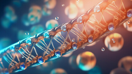 Poster - Abstract DNA structure made of colorful bubbles and particles on soft pastel background. Composition with microscopic perspective. Backlight, soft focus.