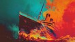 © Xabi - Create a photo in which titanic is sinking into the water. Make it cenimatic. The color scheme is red, blue, and yellow orange. There should be a space on right side of image as well as top of it