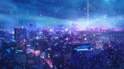 Wall Mural - A digital illustration featuring raindrops falling onto a pixelated cityscape with each drop creating a tiny ripple effect on the reflection in the windows. High resolution photography. 