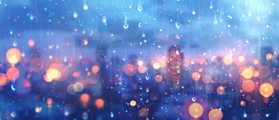 Wall Mural - A digital illustration featuring raindrops falling onto a pixelated cityscape with each drop creating a tiny ripple effect on the reflection in the windows. High resolution photography. 