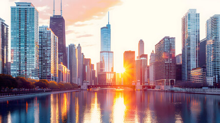 chicago downtown cityscape with chicago river at sunset isolated on white background, hyperrealism, 