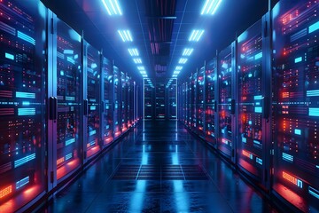 Wall Mural - Futuristic Sci-Fi Data Center With Glowing Red And Blue Lights