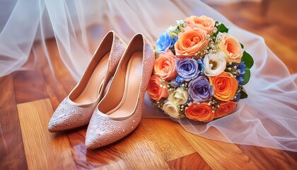 Sparkling peach bridal shoes on a wooden floor with a lace veil and colorful rose bouquet in the background, creating an elegant and celebratory pre-wedding scene.