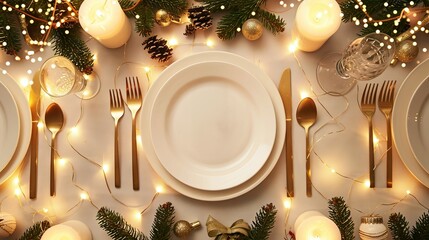 Elegant holiday dinner table setting with candles and golden cutlery. Christmas festive table decor with Christmas tree branches. Concept of holiday gathering, celebration, festive decoration