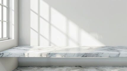 Wall Mural - Marble table with window shadow drop on white wall background for mockup product. Generative Ai