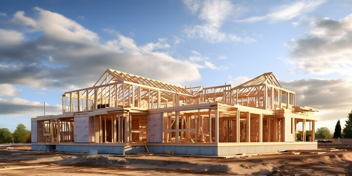 Wooden house under construction with blue sky background residential building framework. Concept Construction, Wooden House, Residential Building, Blue Sky, Framework