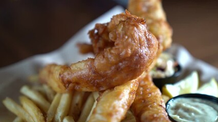 Wall Mural - Closeup footage of spinning plate of fried calamari or squid with french fries and lemon slices