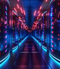 Wall Mural - Futuristic Sci-Fi Server Room With Glowing Neon Lights