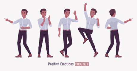 Wall Mural - Successful happy win handsome young man set pose. Positive confident dark skin professional business man startup leader, entrepreneur, corporate project owner, formal wear, shirt. Vector illustration