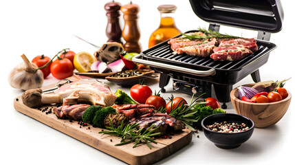 Wall Mural - Electric grill with meat, spices and vegetables on wooden table isolated on white background, cinematic, png
