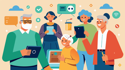 At a technology fair for seniors attendees excitedly try out all the newest gadgets and learn how to integrate them into their daily lives.. Vector illustration