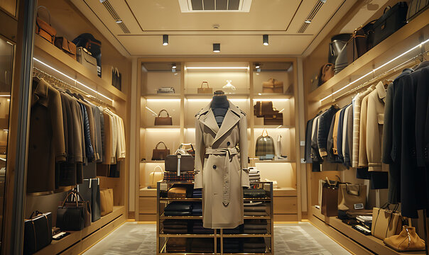 organized wardrobe with neutral-toned casual attire hung on white rails, featuring dresses, shirts, 