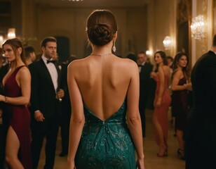 Beautiful young model woman in sexy dress with open back on luxury party. Generative AI