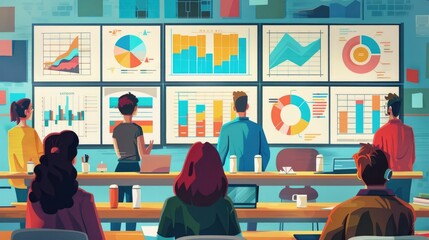Poster - Business team using data visualization tools like diagrams charts and graphs to analyze information brainstorm solutions and develop a strategic plan for problem solving in their office workspace