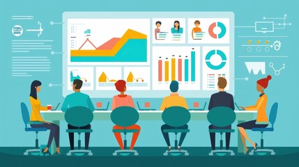 Poster - Corporate business team meeting to discuss and analyze customer feedback data market trends and other key information using a digital dashboard presentation with charts graphs and analytics
