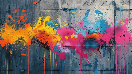 Poster - Vibrant Spray Paint Splashes on Concrete Wall Creating Dynamic Abstract Art Background Bold Chaotic Graffiti Inspired Texture with Flowing Colorful Drips and Splatters