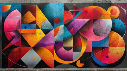 Poster - Vibrant graffiti mural featuring a dynamic composition of colorful abstract shapes geometric patterns and stylized wildstyle lettering elements The artwork showcases the creative expression and