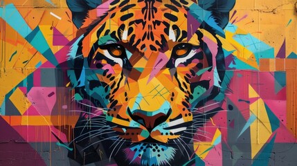 Poster - Vibrant and colorful stencil designs featuring the silhouette of a tiger against a backdrop of abstract urban landscape and iconic city skylines The artwork combines the raw energy of street art with