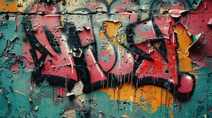 Poster - wall tagging with expressive strokes and a mix of vibrant colors and raw textured surfaces This abstract graffiti mural showcases the dynamic spontaneous nature of urban street art