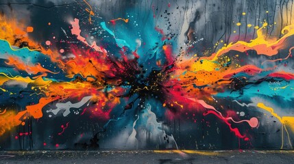 Poster - Captivating abstract art explosion with bursts of vivid colors dynamic shapes and a sense of energy and movement on a gritty urban wall background This digital artwork showcases a visually striking
