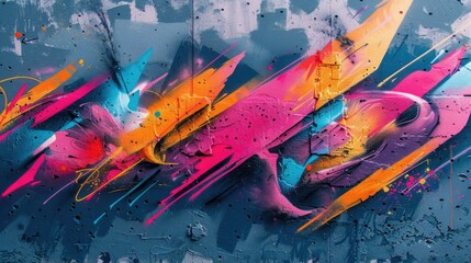 Poster - Vibrant graffiti inspired paint explosion on an urban wall featuring bursts of colorful abstract shapes and patterns The dynamic energetic composition created using a digital technique evokes a sense