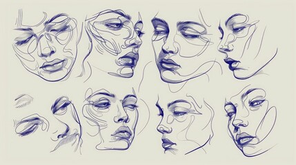 Sticker - A series of stylized facial expressions captured in minimalist continuous line drawings showcasing a diverse range of emotions and moods through abstract graphic