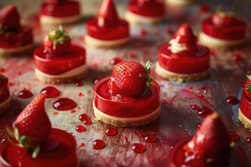 Sticker - Red Strawberry Desserts on Rustic Surface, Mini Cheesecakes with Fresh Strawberries, Gourmet Delicacies in Artistic Setting