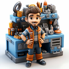 3D illustration of a mechanic with a toolbox on a white background