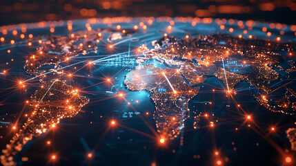 Poster - High-tech world map visualization illustrating global network connectivity with glowing lines and illuminated points of interest