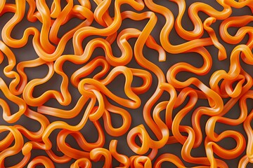 Wall Mural - A pattern of long and short curly noodles in the style of cartoon, dark gray background, orange color, 3D rendering style, flat design style, high resolution, symmetrical composition, front view, brig