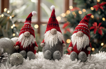 Three adorable Christmas gnomes sitting in a row. The gnomes are wearing red and gray hats and have long white beards. 