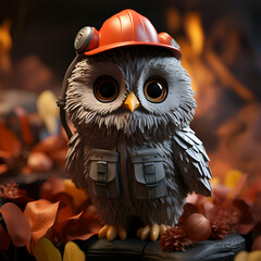 Wall Mural - Cute owl in a helmet on the background of a burning fireplace