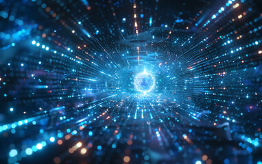Aufkleber - Futuristic digital landscape with a central quantum core and digital particles, symbolizing AI and global data connections