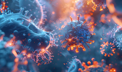 Poster - High-resolution close-up of viruses with spiky surfaces, showcasing intricate textures and cellular elements