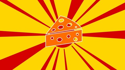 Poster - Cheese symbol on the background of animation from moving rays of the sun. Large orange symbol increases slightly. Seamless looped 4k animation on yellow background