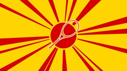 Poster - Tennis racket symbol on the background of animation from moving rays of the sun. Large orange symbol increases slightly. Seamless looped 4k animation on yellow background