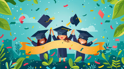 Student cap, graduation cap, diploma, banner: a triumphant celebration marking the end of the school year, embracing academic achievement and success with the issuance of diploma certificates
